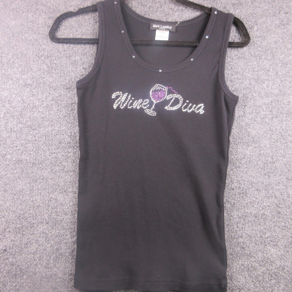 Get Lucky Tank Top Womens‎ Large Black Rhinestone Wine Diva Scoop Neck